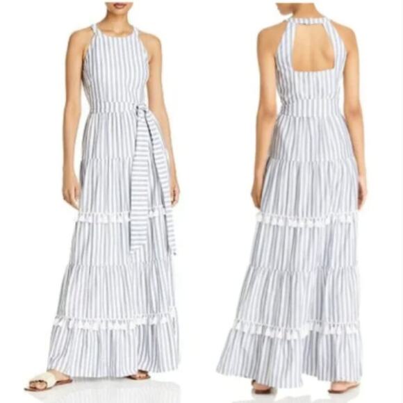 Eliza J Gray White Stripe Halter Tie Waist Tiered Tassel Maxi Dress 8 - Picture 1 of 12